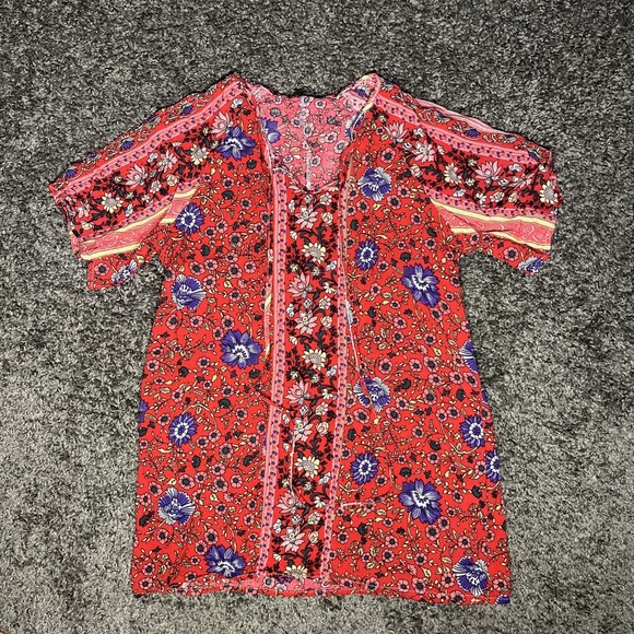 Reborn Tops - Reborn New York Womens Cold Shoulder 100% Rayon Tunic Size L Boho Floral Red